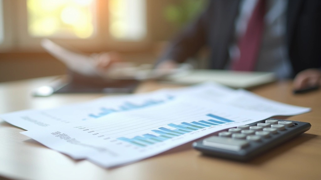 Calculatrice moderne avec stylo rouge sur rapport financier imprimé, bureau administratif professionnel