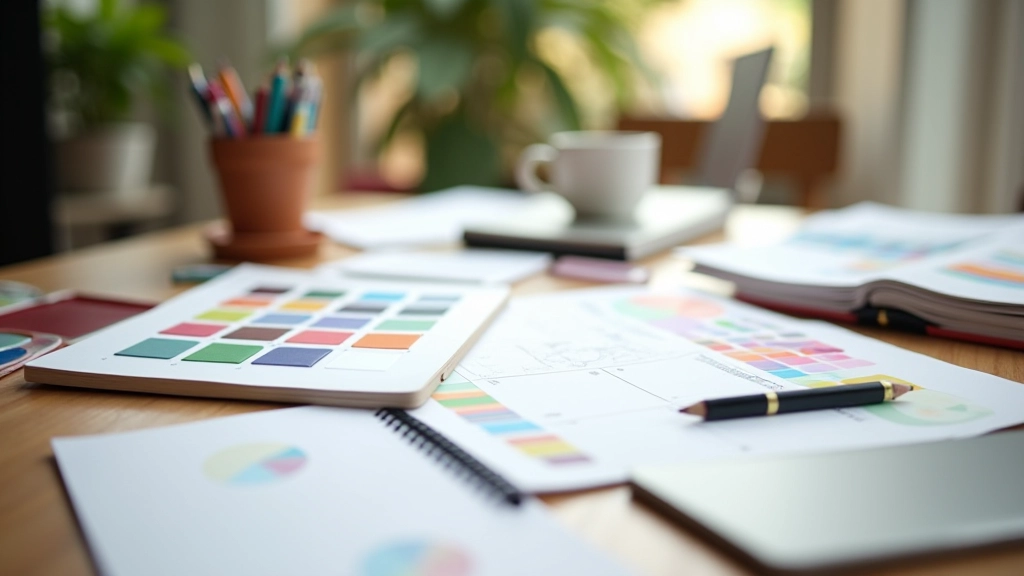 Espace de travail créatif avec design tools, palette de couleurs imprimée et sketches