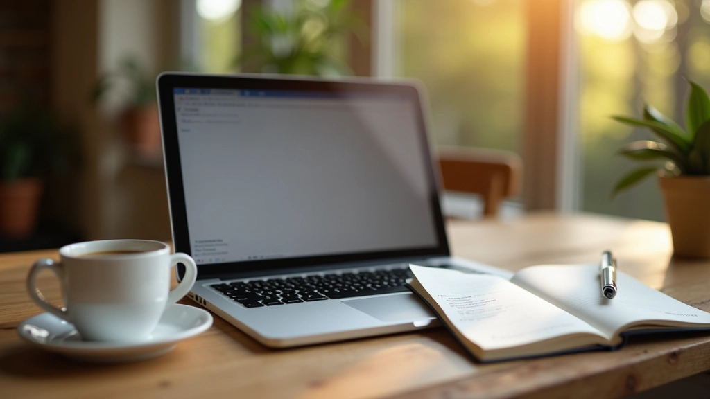 Ordinateur portable sur un bureau avec café et carnet de notes, lumière naturelle du matin