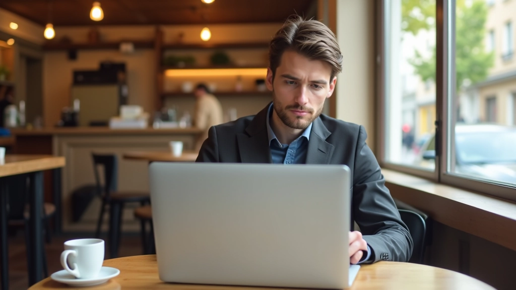 Personne travaillant sur un ordinateur portable à un café pendant la pause déjeuner