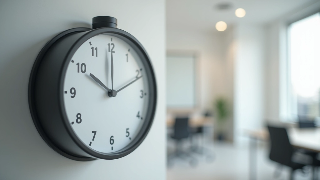 Horloge murale avec minuteur indiquant 30 minutes, environnement de bureau