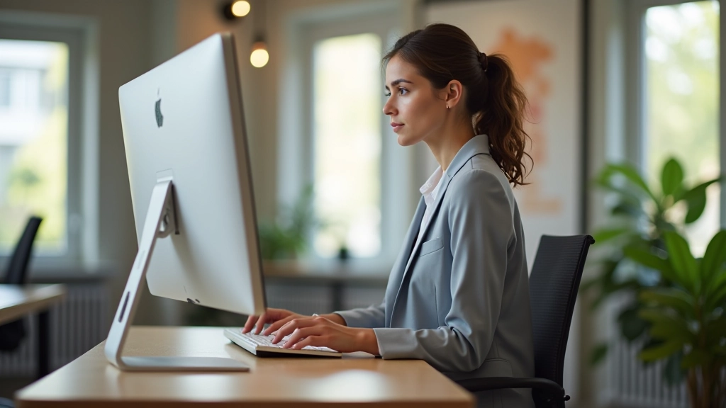Femme professionnelle travaillant à son bureau avec ordinateurs, espace de travail lumineux